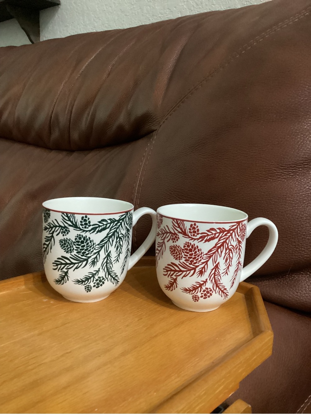 Bee & Willow White Ceramic Pinecone Pattern Mugs Red & Green